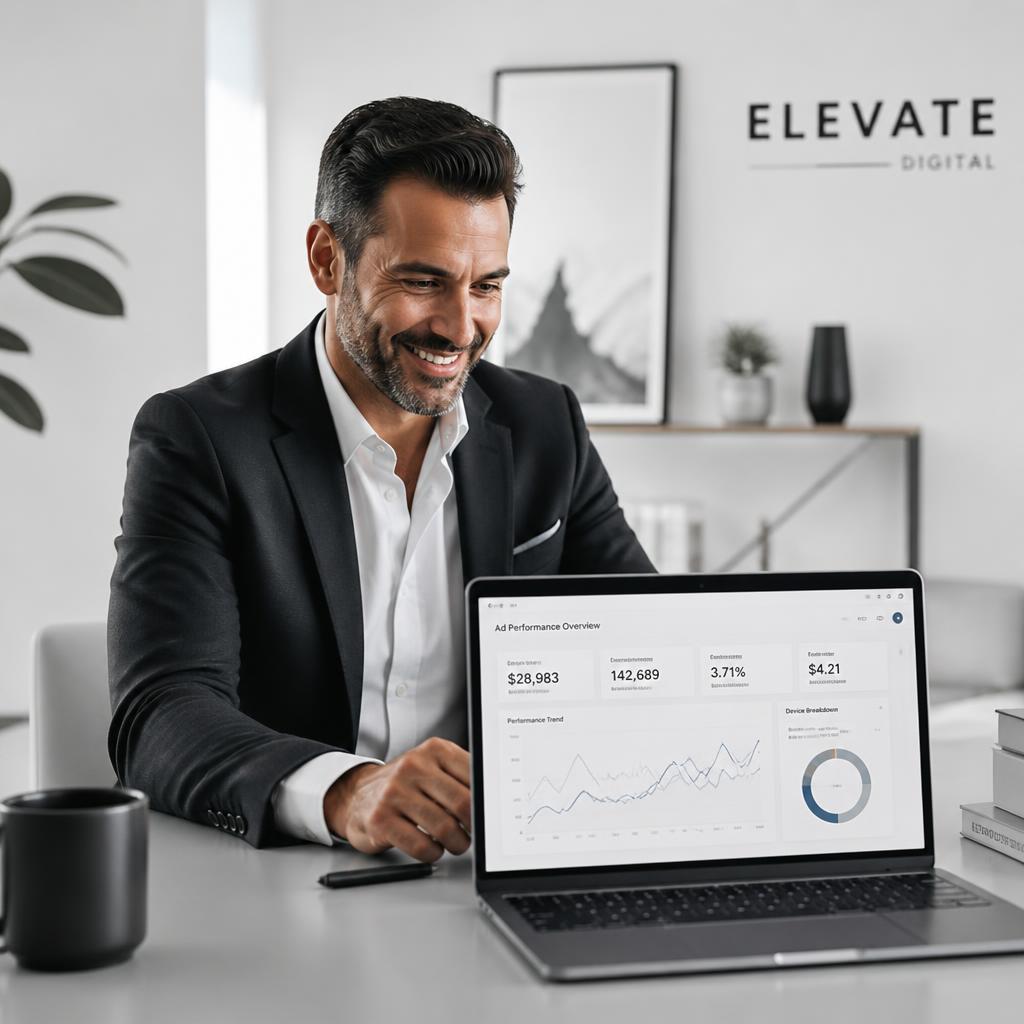Smiling business owner reviewing Meta ad performance on a laptop