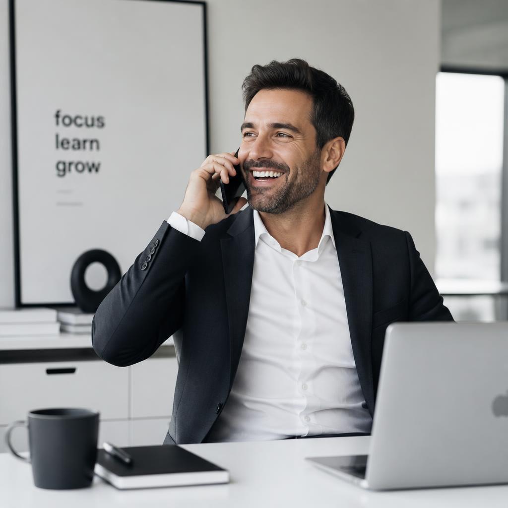 Business owner smiling while on a phone call with a new lead